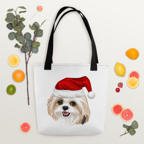 White Tote Bag With Santa Shih Tzu