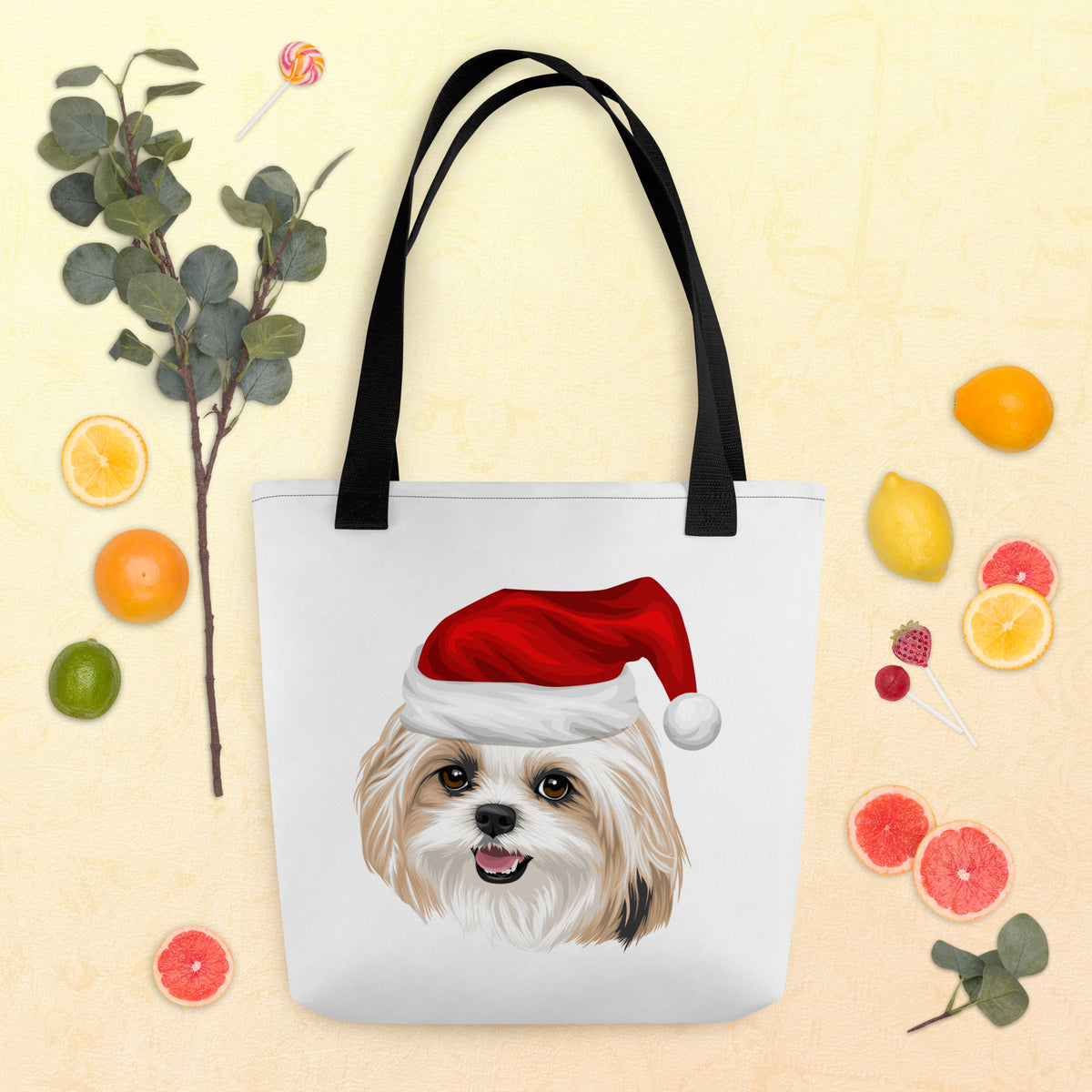 White Tote Bag With Santa Shih Tzu