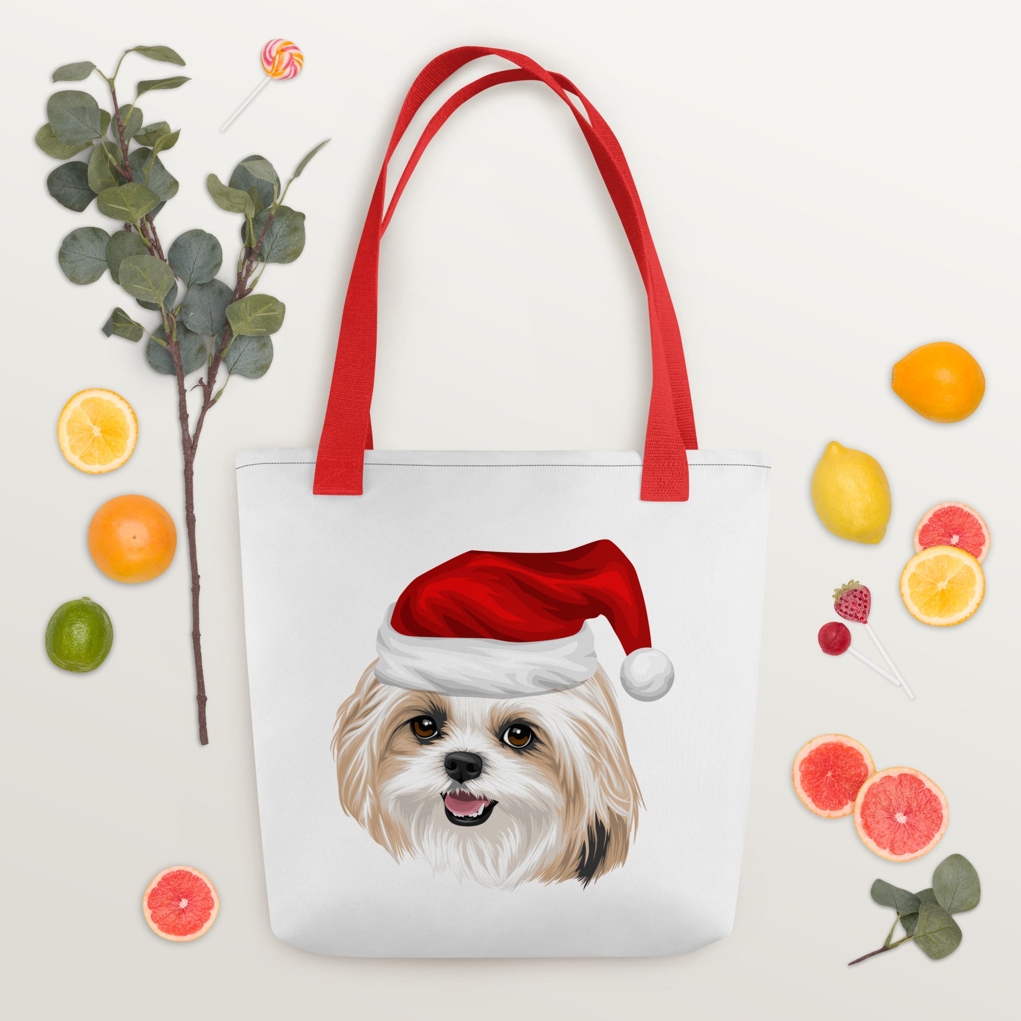 White Tote Bag With Santa Shih Tzu